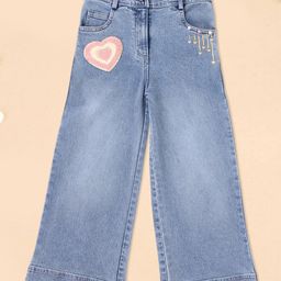 Cutecumber Denim Pearls Embellished & Heart Patch Detailed Washed Jeans - Blue-image-45