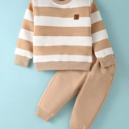 Little Kangaroos Fleece Knit Full Sleeves Striped Winter Wear Sweatshirt & Joggers Set - Tan-picture-6