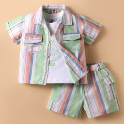 ToffyHouse Cotton Knit Half Sleeves Striped Shirt & Shorts Co-Ord Set With Printed T-Shirt - Multicolor-image-34