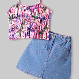 Ollington St. Cotton Knit Sleeveless Floral Printed Top & Stretchable Denim Skirt - Pink & Indigo-image-80