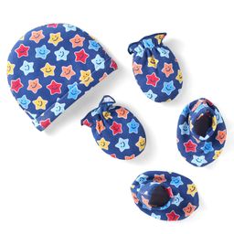 Babyhug 100% Cotton Knit Cap Mittens & Booties Set with Stars Print Navy Blue - Diameter 11 cm-image-35