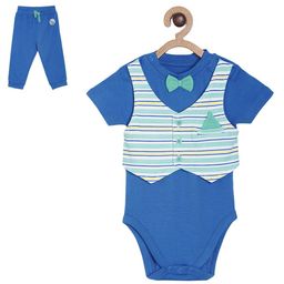 MINI KLUB Cotton Half Sleeves Bow Attached Striped Onesie With Pirate Life Text Patch Detailed Pant Set - Blue-image-34