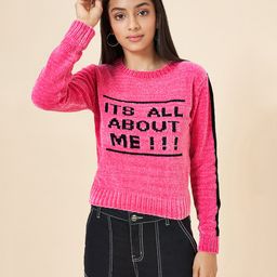 Coolsters by Pantaloons Cotton Full Sleeves Its All About Me Text Design Sweater - Pink-image-2