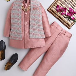 Ahhaaaa Silk Blend Full Sleeves Solid Kurta Pyjama With Floral Embroidered Jacket Set - Pink-image-51