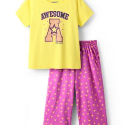Pine Kids Cotton Knit Half Sleeves Capri Night Suit With Awesome & Star Print - Light Yellow-image-5
