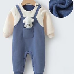 Mark & Mia Cotton Full Sleeves Rompers With Teddy Applique - Blue & Cream-image-27