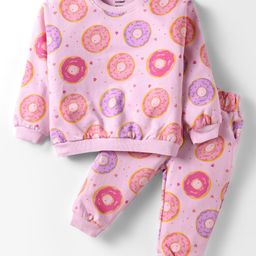 CUCUMBER Sinker Knit Full Sleeves Co-Ord Night Suit With Donut & Heart Print - Pink-picture-10