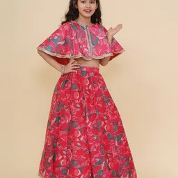 Bitiya By Bhama Silk Woven Floral Printed Gota Lace Embellished Lehenga Choli With Half Sleeves Cape Set - Pink-picture-3