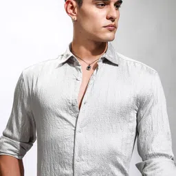 HIGHLANDER Men Cutaway Collar Textured Cotton Relaxed Fit Casual Shirt-image-37