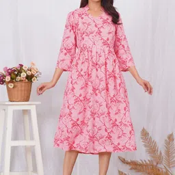 MomsBae Floral Printed Pure Cotton Fit & flare Maternity Midi Dress-image-30