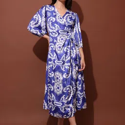 PURVAJA Floral Printed Puff Sleeve Midi Wrap Dress-picture-27