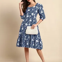 Janasya Floral Printed Pure Cotton A-Line Ethnic Dress-image-33