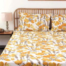 House This Himalayan Poppies Yellow 150 TC Cotton Fitted Bedsheet with 2 Pillow Covers-image-93