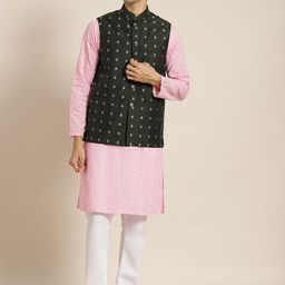 SOJANYA Men Pink Ethnic Motifs Chikankari Pure Cotton Kurta with Churidar & Nehru Jacket-picture-32