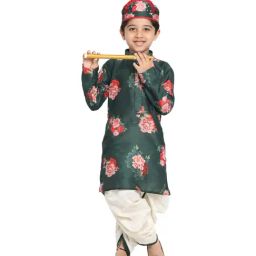 VASTRAMAY Kids Green Printed Kurta Set-image-4