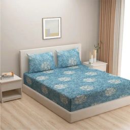 Swayam Ananda Floral White & Blue 200 TC Cotton King Bedsheet with 2 Pillow covers-image-44