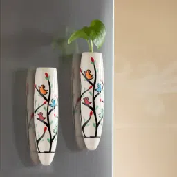 ExclsuiveLane Chirping Mockingjay White Ceramic Magnetic Fridge Planters- Set of 2-picture-8