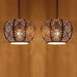 ExclusiveLane Gold Iron Moroccan Grandeur Hand-Etched Pendant Lamp - Set of 2-picture-19
