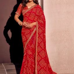 Satrani Red Printed Saree With Unstitched Blouse-picture-14