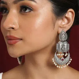 Teejh Evergreen Silver & Pearl Motif Chand Bali Earrings-image-70