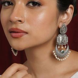 Teejh Evergreen Green & Pearl Motif Chand Bali Earrings-27
