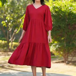 Janasya Red Solid Janasya Women's Red Rayon Solid Tiered Dress-image-52