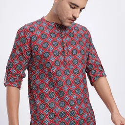 Anouk Rustic Ethnic Motifs Pure Cotton Band Collar Roll-Up Sleeves Straight Kurta-picture-51