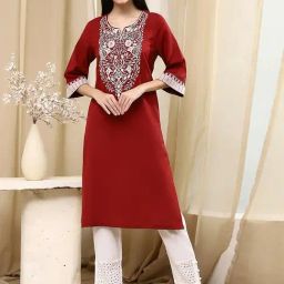 Biba Maroon Cotton Straight Fit Embroidered Kurta-image-52