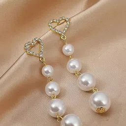 GOLDIWALA Korean Gold-Plated Stones Studded & Pearls Beaded Heart Shaped Drop Earrings-picture-0