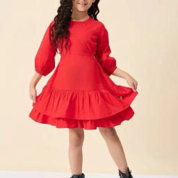 StyloBug Girls Red Cotton Regular Fit Dress-image-58