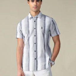 U.S. Polo Assn. Denim Co. White & Navy Cotton Regular Fit Striped Shirt-picture-16