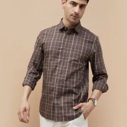 Code By Lifestyle Brown Cotton Regular Fit Checks Shirt-image-38