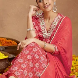 Janasya Women Red Georgette Embellished Floral Printed A-line Kurta Set-picture-49