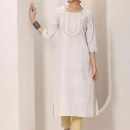 Libas Off White Floral Yoke Embroidered Woven Design Kurta with Pocket-46