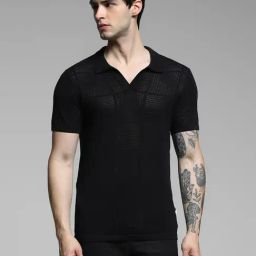 Jack & Jones Black Cotton Regular Fit Textured Polo T-Shirt-picture-43