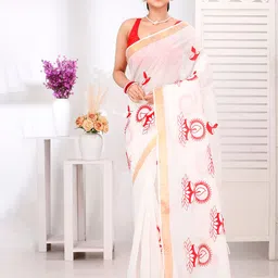 PuJoy Floral Zari Pure Cotton Taant Saree-picture-38