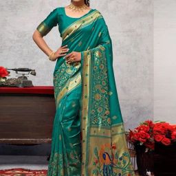 Satrani Turquoise Silk Woven Saree With Unstitched Blouse-picture-42