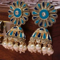 Karatcart Gold-Plated Floral Design Blue Meena Jhumki Earrings for Women-25