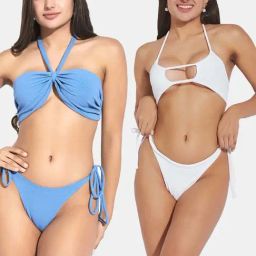 Secrets By ZeroKaata Blue & White Plain Swimwear Bikini-image-81