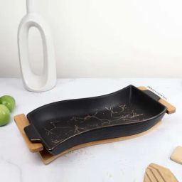 Smokey Cocktail Black Ceramic Serving Platter With Wooden Base-7