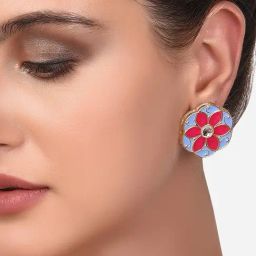 Zaveri Pearls Pink & Turquoise Blue Meenakari Flower Design Stud Earring-ZPFK14423-10