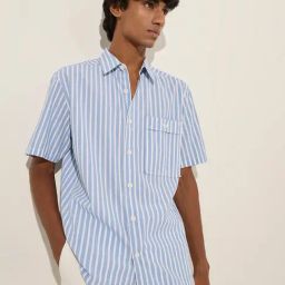 Nuon by Westside Blue Stripe Printed Relaxed-Fit Cotton Shirt-image-33