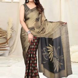 MIRCHI FASHION Beige & Black Printed Saree With Unstitched Blouse-image-110
