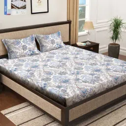 Klotthe White & Blue 300 TC Polycotton Double Book Fold Bedsheet with 2 Pillow Covers-picture-12