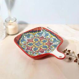 Smokey Cocktail Red Ceramic Mandala Square Plate With Handle - Set of 2-5