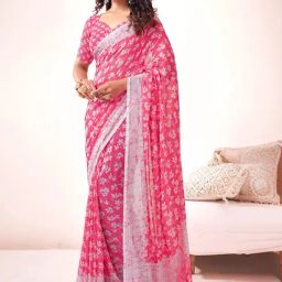 Satrani Pink Floral Print Saree With Unstitched Blouse-image-60