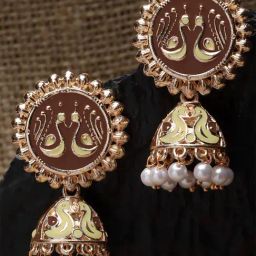 Karatcart Rose Gold-Plated Peacock Design Brown And Cream Meena Jhumki Earrings for Women-image-97