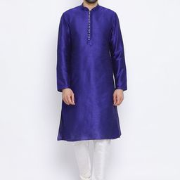 NAMASKAR Men Blue Dupion Silk Solid Kurta with Churidar-image-55