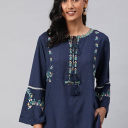 W Women Navy Blue Embroidered Bell Sleeve Top-image-52