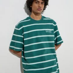 Nuon by Westside Green Stripe Pattern Relaxed-Fit Cotton T-Shirt-image-83